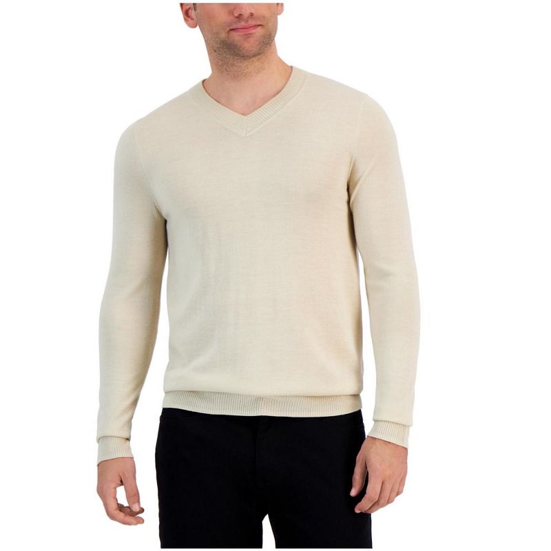 Alfani Mens V Neck Merino Pullover Sweater, ltbeige, Small