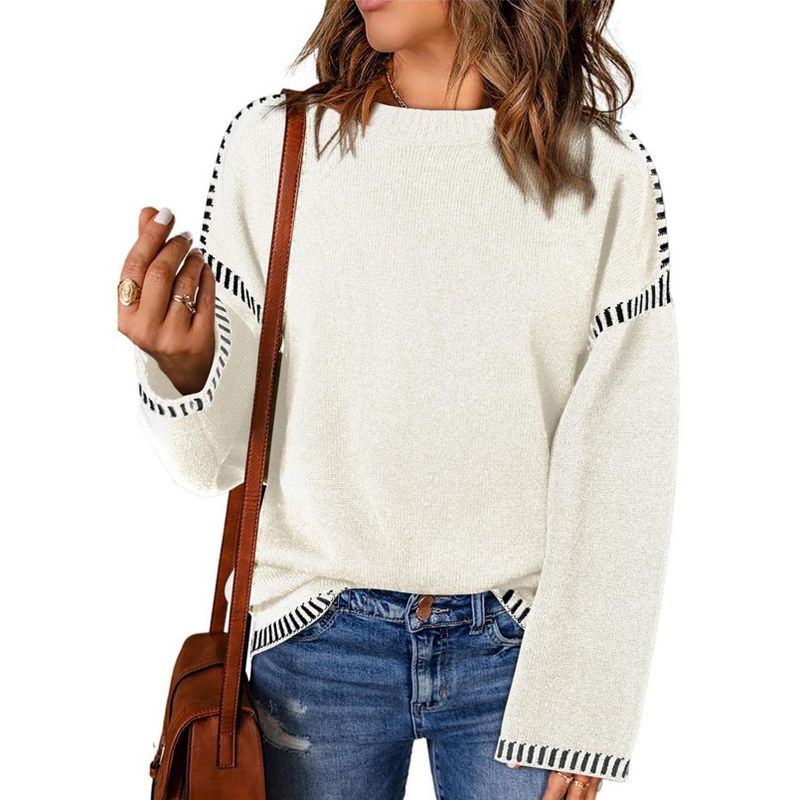 Clearlove Womens Crewneck Pullover Sweater Long Sleeve Knit Side Slit 2025 Fall Winter Sweater Tops - White,XX Large