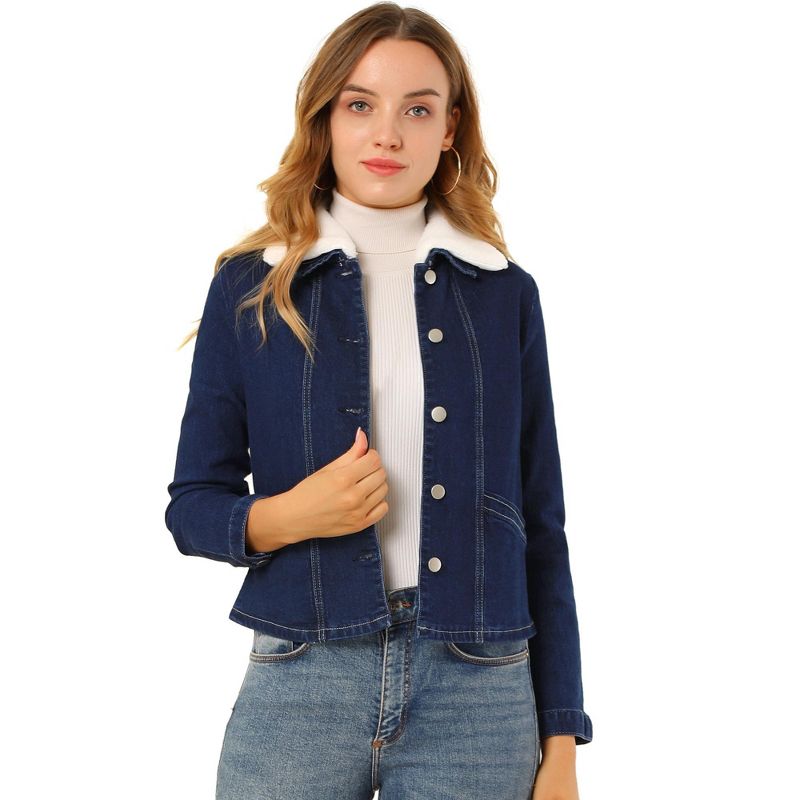 Allegra K Women's Detachable Collar Long Sleeve Button Down Denim Jacket Dark Blue Small