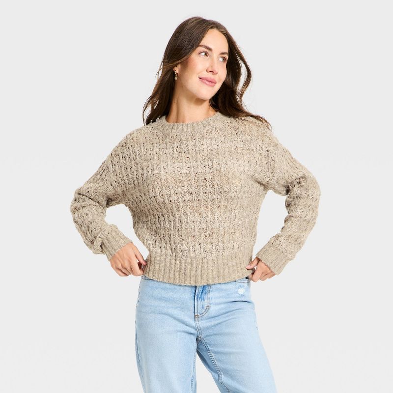 Women's Openwork Slub Crewneck Pullover Sweater - Universal Thread™ Brown Striped XS