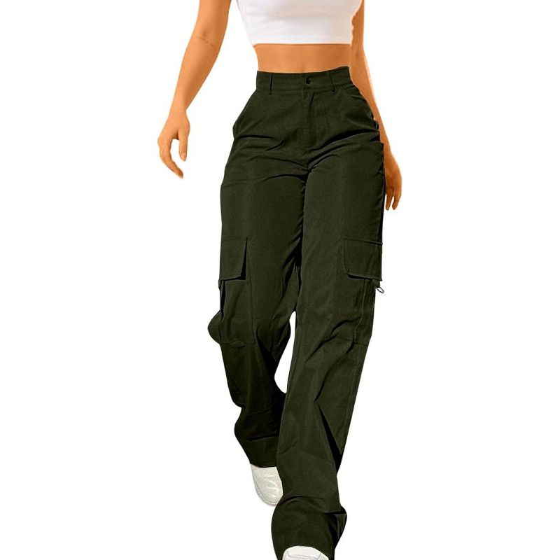 Coolmee Women's Cargo Pants High Waisted Baggy Wide Leg Stretchy Streetwear with Pockets Army Green S