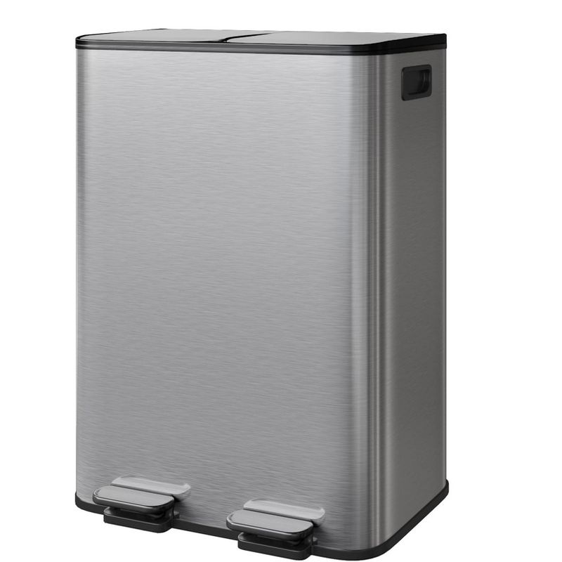 2 x 8 Gallon Stainless Steel Trash Cans w/Lids, Dual Compartment Step-On Bins for Kitchen,Silver