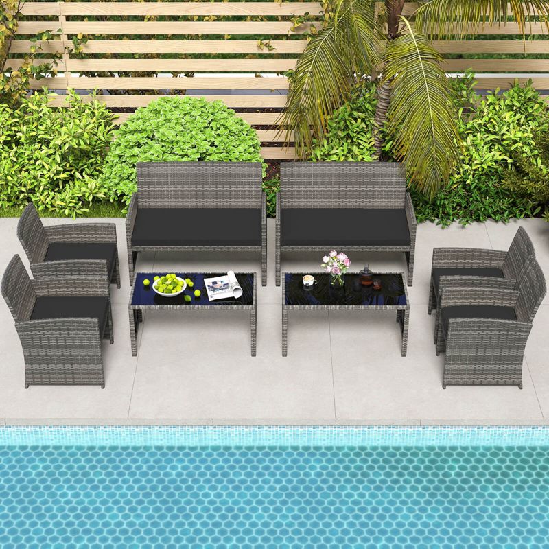Costway 8 PCS Patio Conversation Set with Seat Cushions & Tempered Glass Tabletop, Outdoor Black + Black