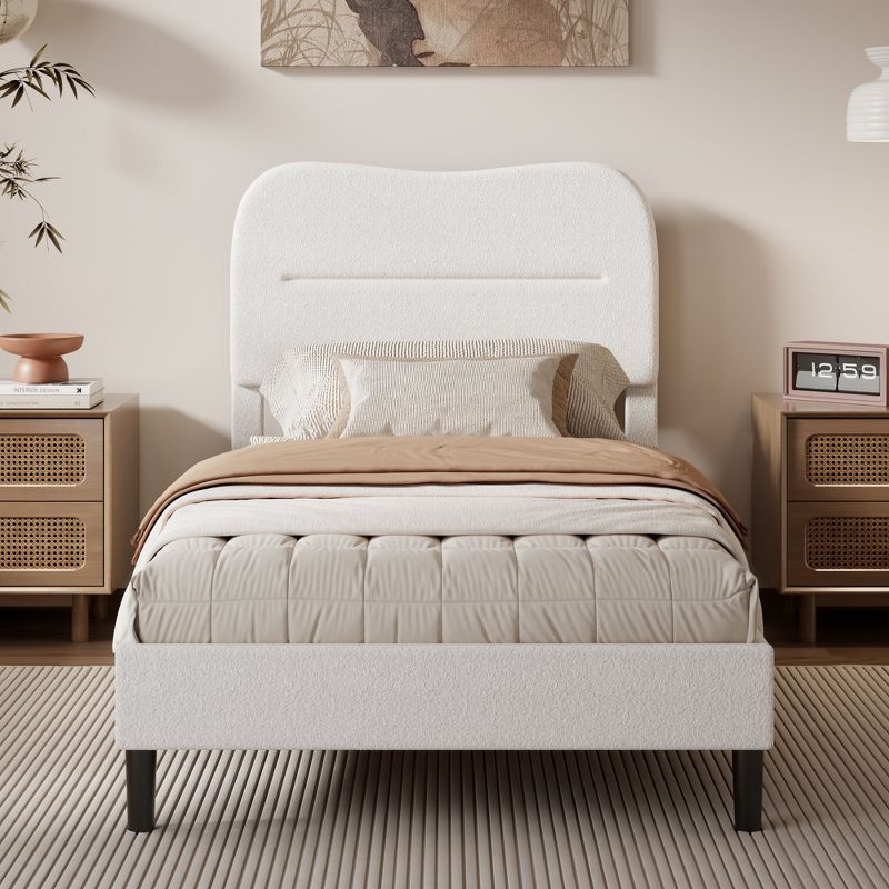 Twin Upholstered Platform Bed Frame Soft Cloud Marshmallow Headboard Teddy Boucle Fabric No Box Spring Needed Noise Free White Kids Bedroom Furniture