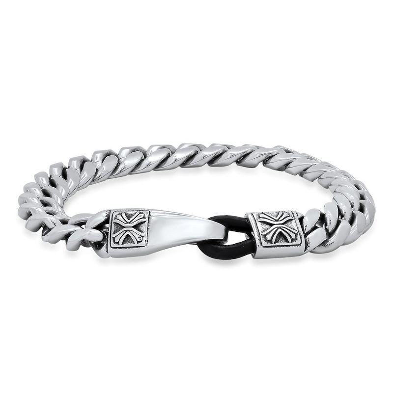 Steeltime Men's stainless steel cuban link bracelet with black leather clasp