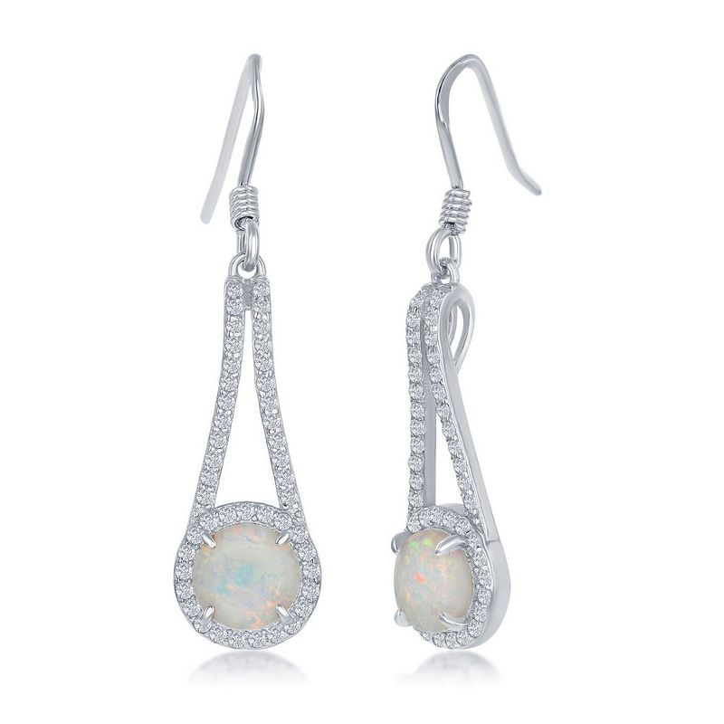 Opalata Sterling Silver, Round White Opal with CZ Halo Long Earrings - White