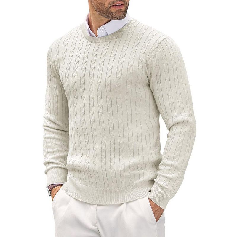 COOFANDY Men's Crewneck Knit Sweater Slim Fit Lightweight Casual Twist Patterned Cable Knitted Pullover White M