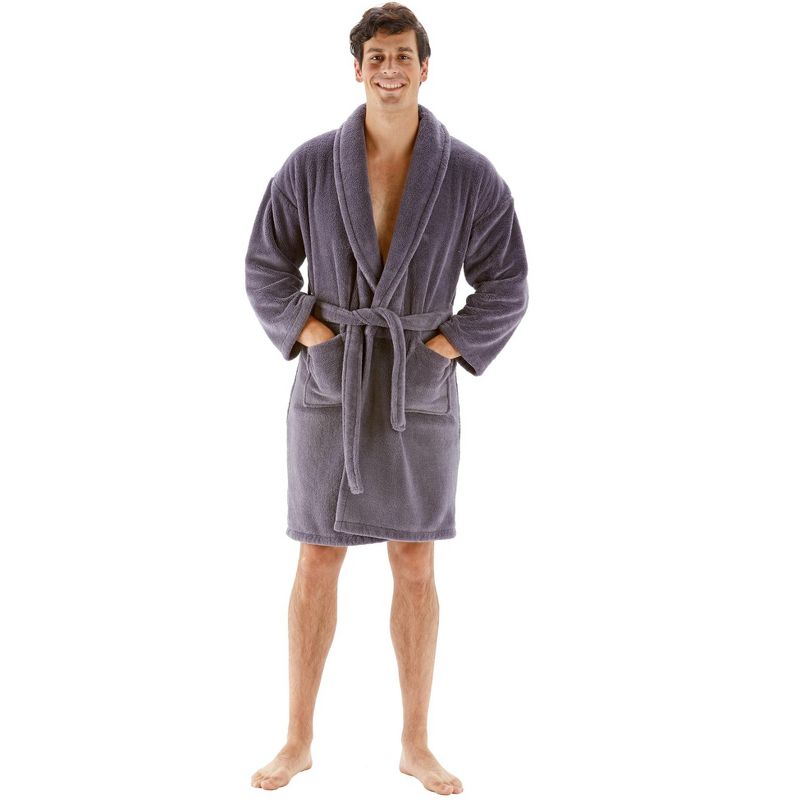 BC BARE COTTON Mens Shawl Robe Microfiber Plush Fleece Bathrobe - Gray - Small