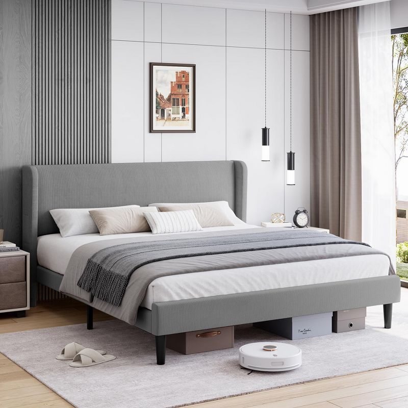 Upholstered Bed Frame with Wingback Headboard, Velvet Upholstery Platform Bed