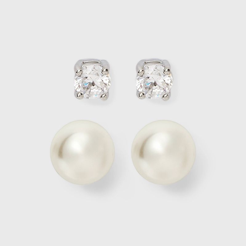 Sterling Silver Cubic Zirconia with Pearl Stud Earring Set 2pc - A New Day™ Silver