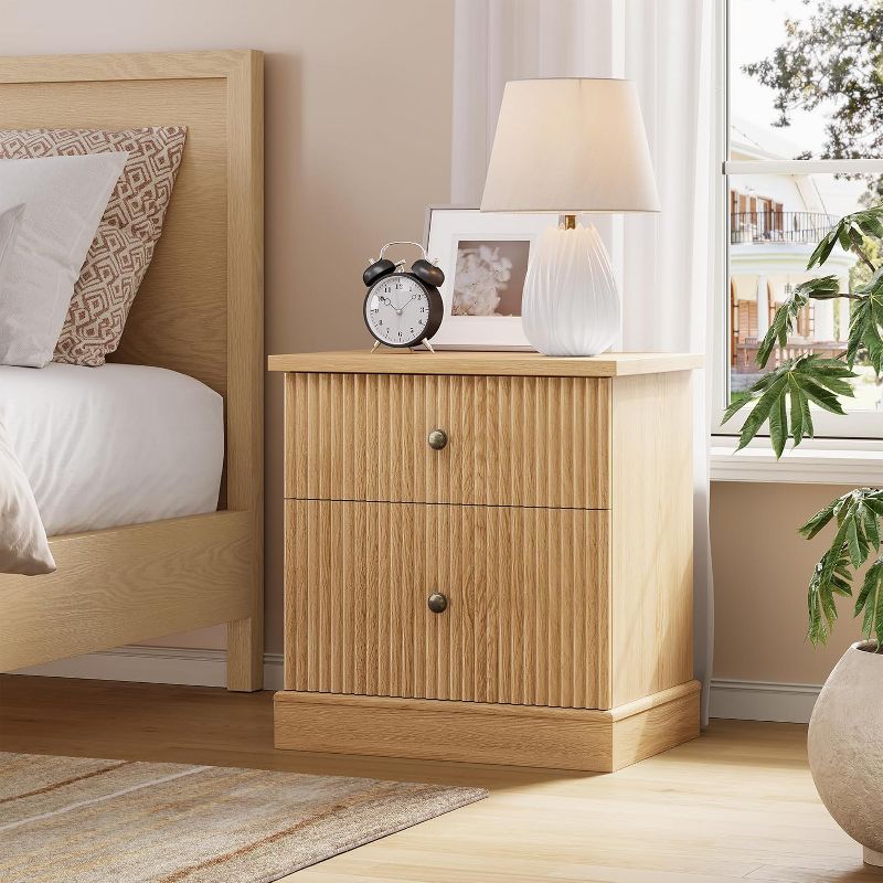 Mid Century Nightstand with Drawers, Fluted Bedside Table with Storage, Light Wood Side Table for Bedroom & Living Room, Small Space Furniture