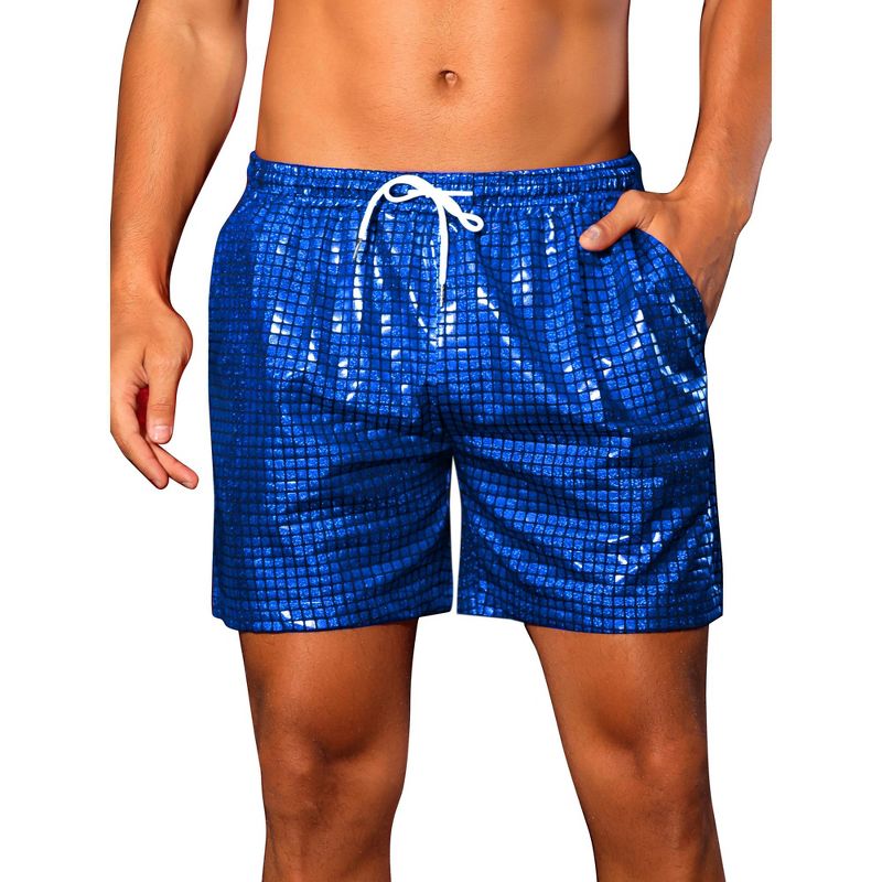 INSPIRE CHIC Men's Drawstring Elastic Waist Metallic Party Plaid Short Blue 32