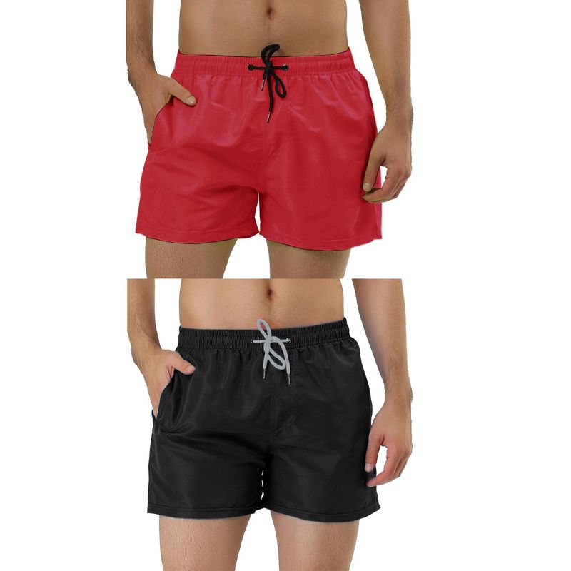 Lars Amadeus Men's Solid Color Summer Drawstring Waist Mesh Lining Swimming Board Shorts 2 Packs Black/Red 32