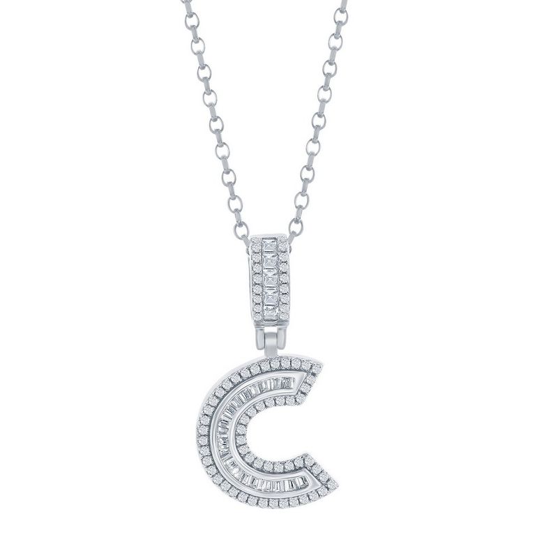 Bella Silver Sterling Silver 'C' Baguette CZ Initial 18" Pendant Necklace - Silver