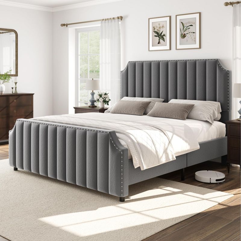 Queen Size Velvet Upholstered Bed Frame, Tall Headboard with Nailhead Trim, Vertical Channel Tufted Platform Bed with Footboard and Wooden Slats