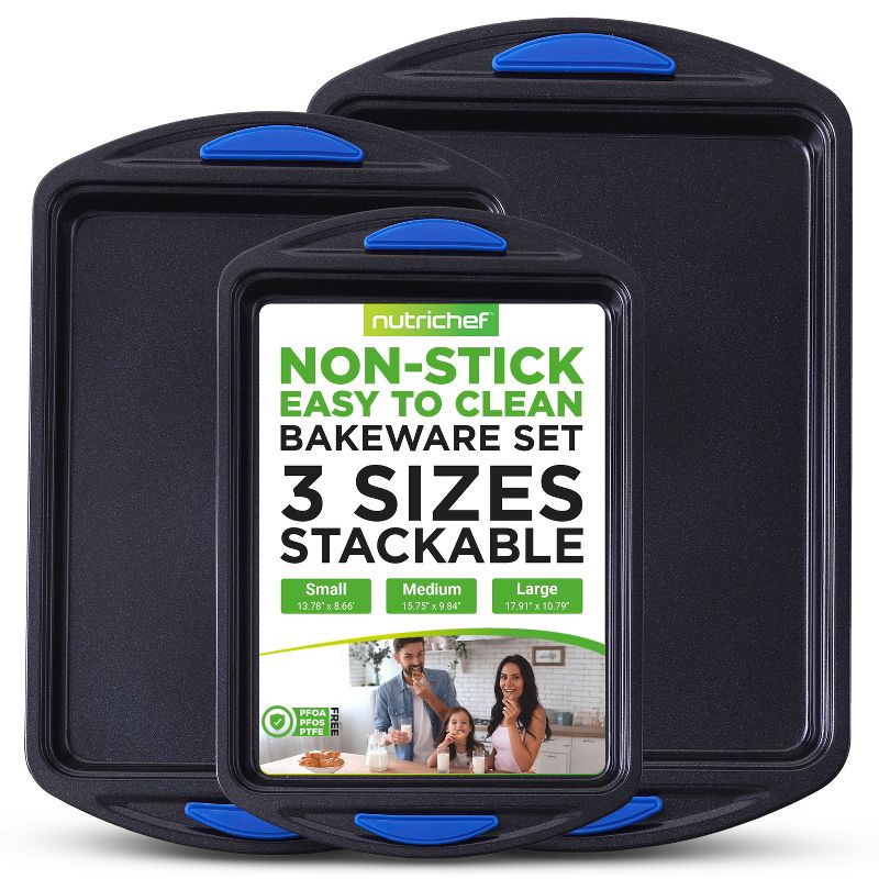 Nutrichef 3 Piece Baking Pan Set - PFOA, PFOS, PTFE Free Flexible Nonstick Carbon Steel Bakeware Set - Home KitchenBake Pan Cookie