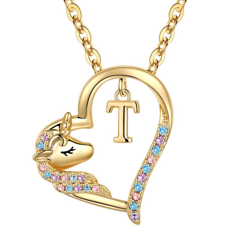 Turandoss Gold Heart Unicorn Necklace for Girls - Dainty Initial Zircon Pendant Necklace for Kids 4 -13 Year Old, Unicorn Birthday Gifts for Girls, T