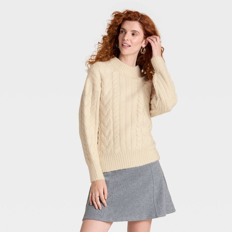 Women's Round Neck Cable Knit Pullover Sweater - A New Day™ Cream M