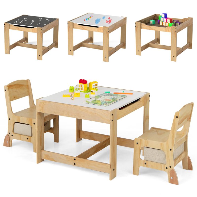Costway 3-In-1 Kids Table & Chairs Set w/Reversible Whiteboard/Chalkboard Top Hidden Storage Natural