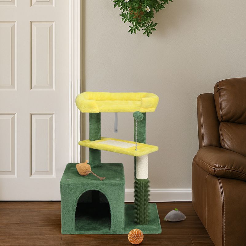 27.5in Cat Tree, Multi-level Cat Tower with Cat Scratching Post and Pad, Cozy Cat Condo, Padded Top Bed for Kittens and Indoor Cats, Yellow & Green