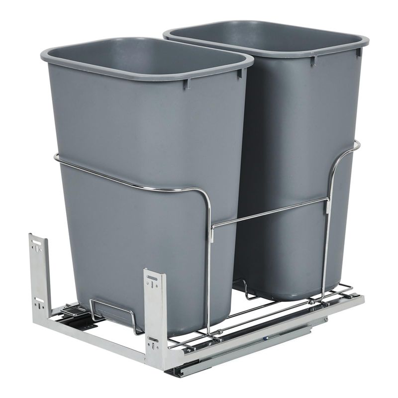 GustoWave Pull-Out Double Trash Can, Under Mount Kitchen Waste Container, Heavy Duty Garbage Recycling Bin, Grey(2*25QT) with Door