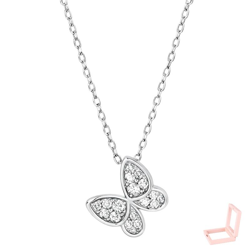 Women’s Modern Silver-Tone Alloy Butterfly Pendant Necklace - Paved CZ Accents, Dainty Cable Chain, Stylish Daily Jewelry