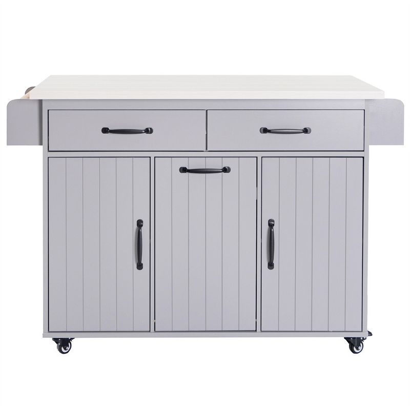 XINGHANZHENXUAN Gray Kitchen Island with Trash Can Storage Cabinet, Kitchen Cart with Drop Leaf, Spice Rack, Towel Rack and Drawer