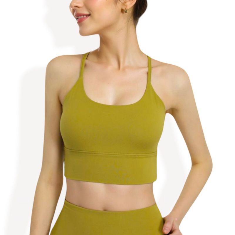 Anna-Kaci Active Women's Strappy Back Longline Sports Bra with Scoop Neck and Wireless Design - X Large, Yellow