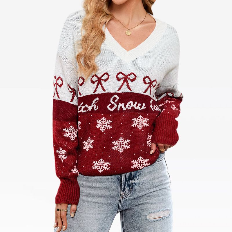 Christmas Sweater for Women Snowflakes Jacquard Color Block V Neck Sweater for Layering Style Outfits Winter Cozy Sweater, Red - M