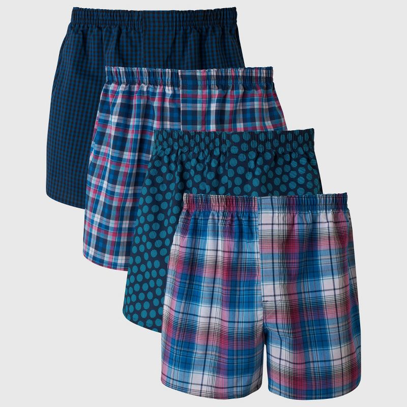 Hanes Premium Men's Stretch Woven Boxer Shorts 4pk - Blue/Green XL: Tagless, Plaid Pattern, Lightweight Fabric