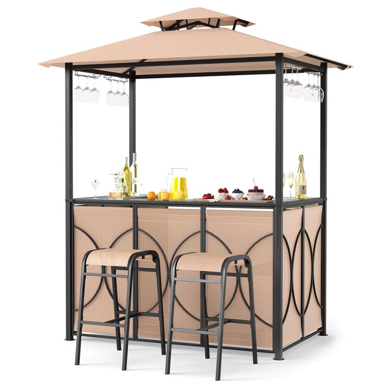 Costway 6.5 x 4 x 8 FT Grill Gazebo Set with 2 Bar Stools, Tempered Glass Bar Table Brown