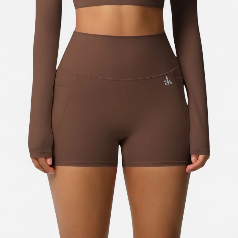 Anna-Kaci Active Women's High Waist Active Shorts with Stretch Compression Fit Seamless Construction and Side Pocket Detail - Brown, Medium