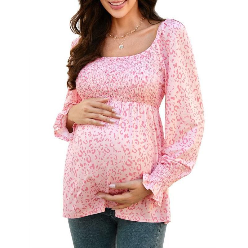Coolmee Women's Maternity Shirts Puff Long Sleeve Shirt Square Neck Casual Smocked Tunic Tops Spring Fall Clothes Small Pink Floral