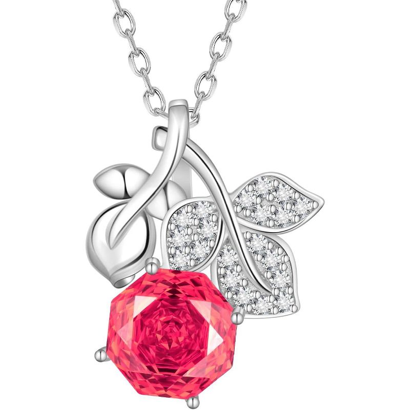 Birthstone Rose Pendant Necklace - 925 Sterling Silver Rose Cut Cubic Zirconia Flower Leaf Necklace G.July 18