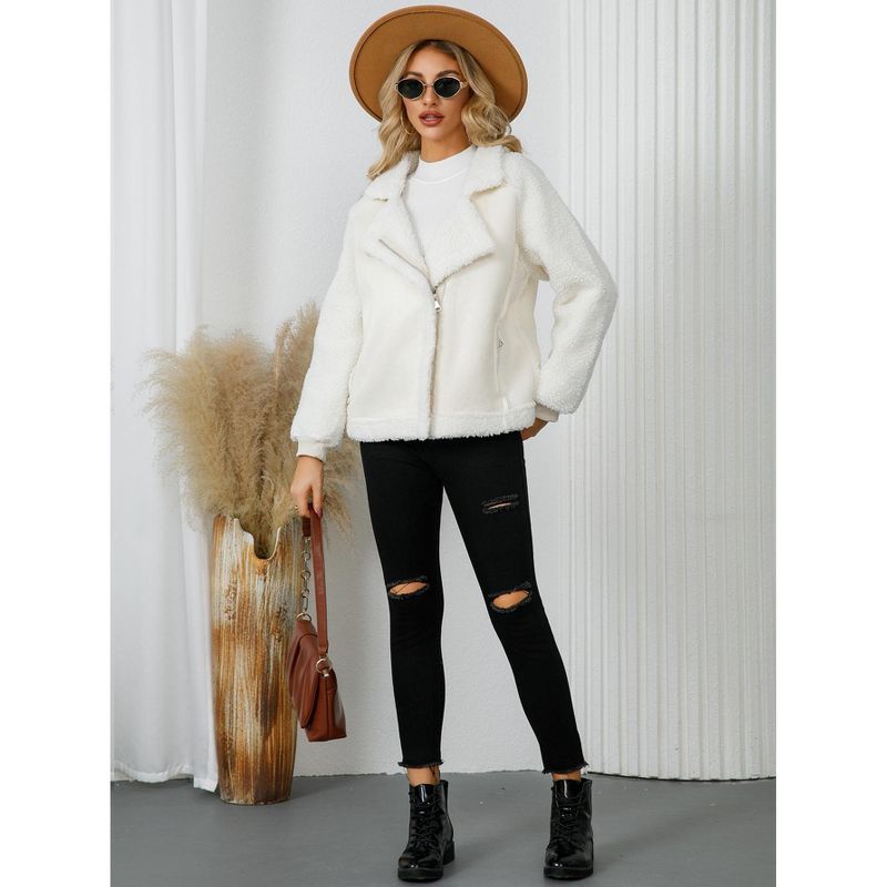Women's Shearling Jacket with Denim and Faux Leather Panels, Zipper Closure, Stylish and Warm Coat for Fall and Winter Beige XL
