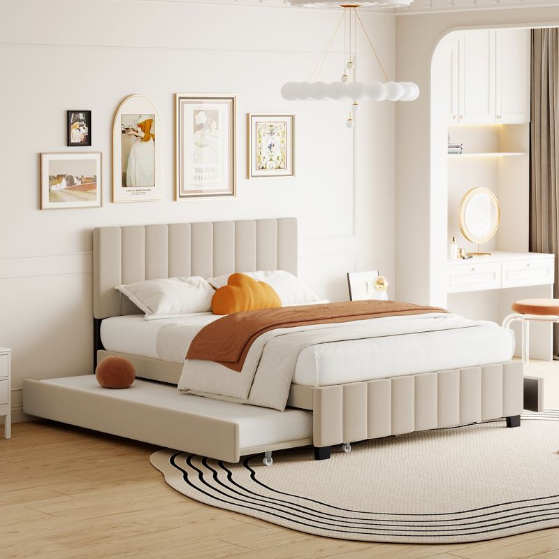 Queen Size Velvet Upholstered Platform Bed with Two Drawers and One Twin XL Trundle for Bedroom or Apartment