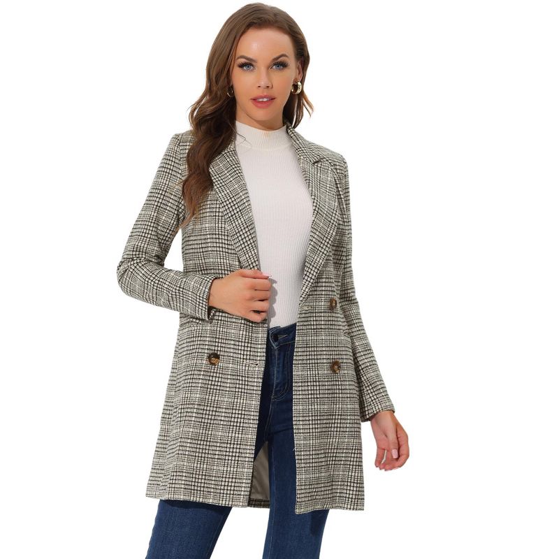 Allegra K Women's Double Breasted Notched Lapel Plaid Overcoat with Pockets Beige Medium