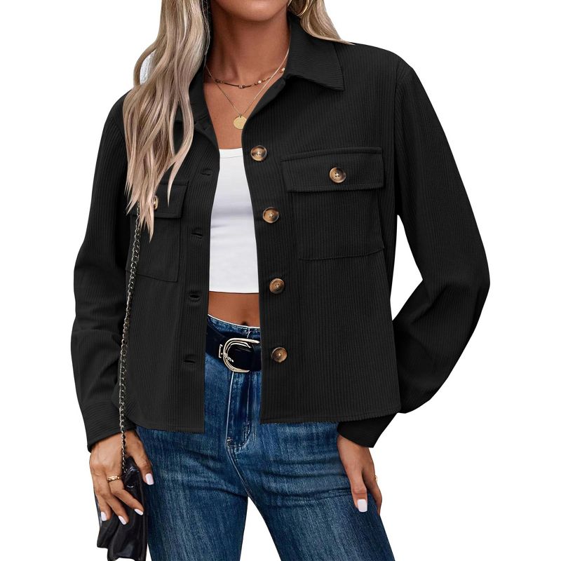 Womens Jackets Casual Cropped Corduroy Lapel Button Front Long Sleeve Jacket with Pockets Black L