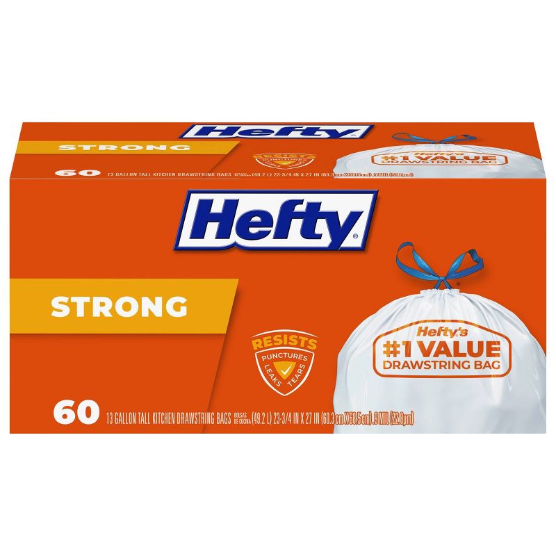 Hefty Strong Tall Kitchen Drawstring Trash Bags - 13gal/60ct