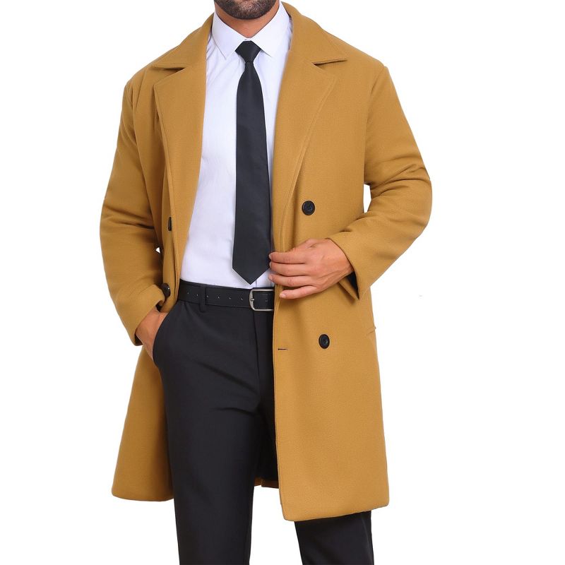 INSPIRE CHIC Winter Quilted Overcoat for Men's Double Breasted Coat Solid Color Business Long Trench Coat Khaki Small