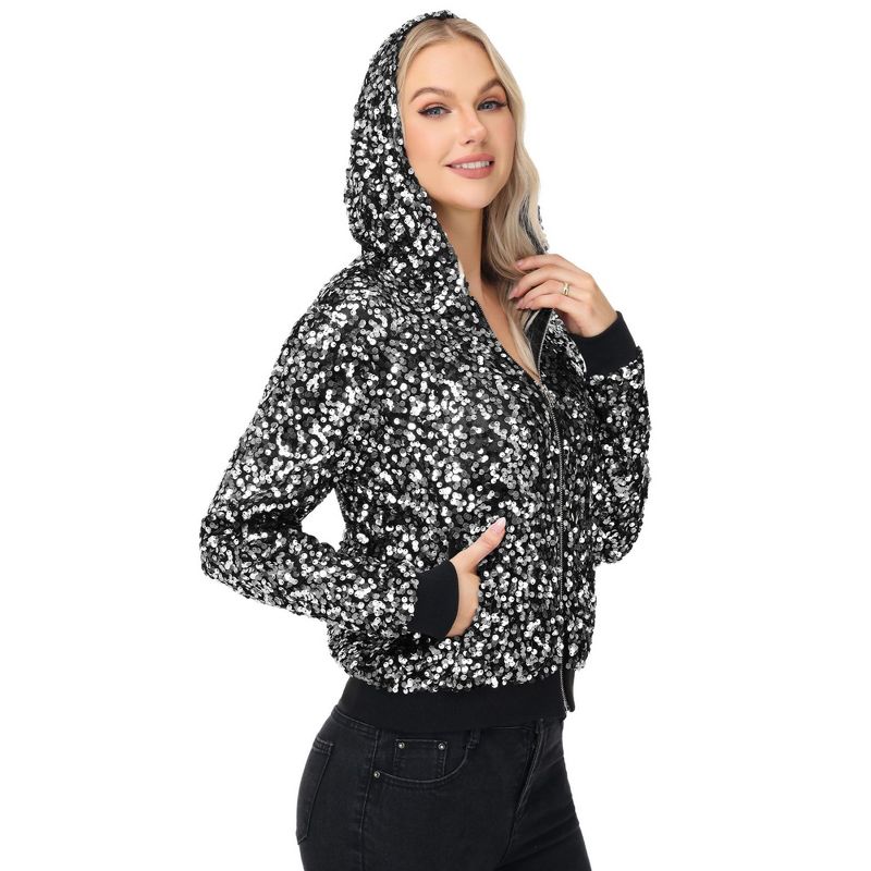 Anna-Kaci Women's Zip-Up Hoodie Jacket with Allover Sequin Embellishments and Ribbed Trim - X Large, Black