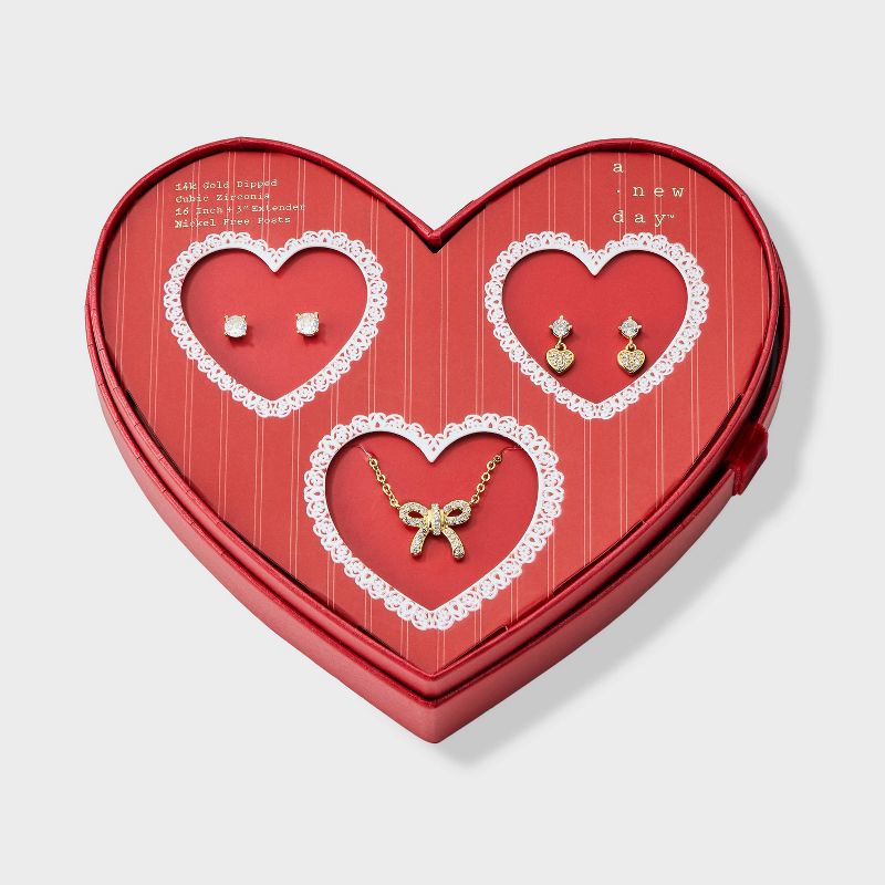 14K Gold Dipped Cubic Zirconia Valentines Bow Necklace with Pave Heart Dangle and Stud Earrings 3pc - A New Day™