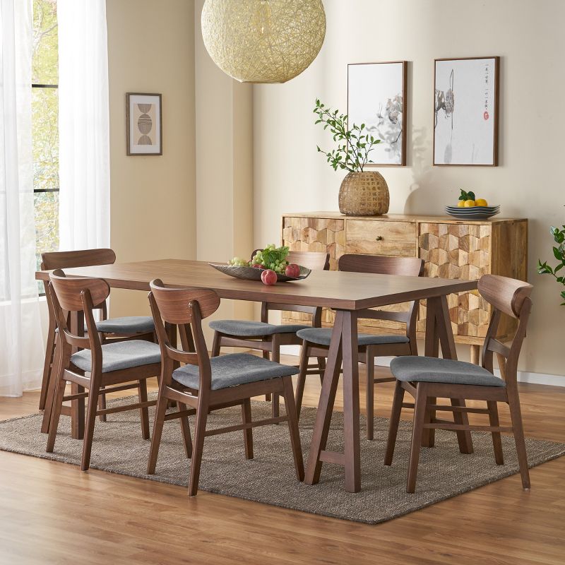 GDFStudio Isador Mid Century Modern 7 Piece Fabric Upholstered Rubberwood Dining Set, Dark Gray/Walnut