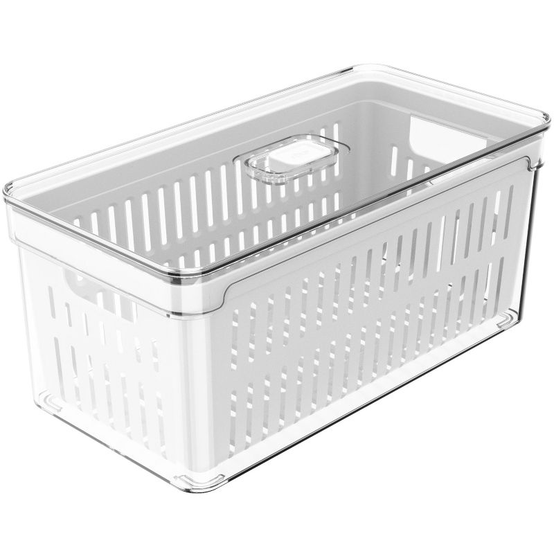 OU Fridge Organizer Bin with Drain Basket & Vented Lid, 5.3qt Clear Stackable Refrigerator Storage Bin, Produce Kitchen Storage Container, BPA Free