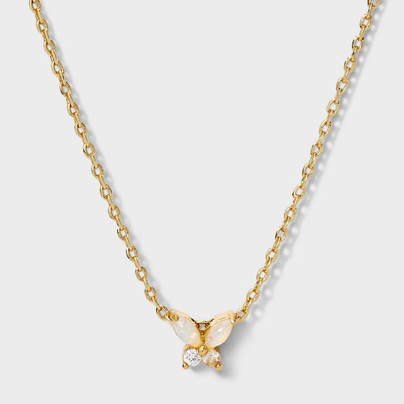14k Gold Dipped Simulated Opal and Cubic Zirconia Butterfly Slider Necklace with Extender 1pc