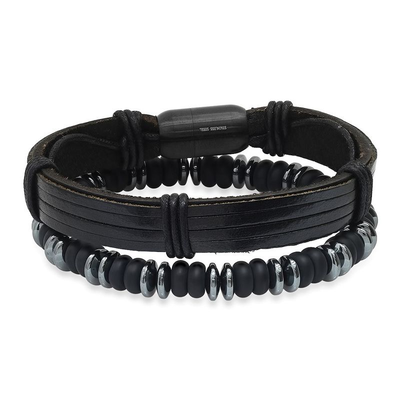 Steeltime Men's black leather/black ip stainless steel and hematite/lava beaded 2pc set bracelets