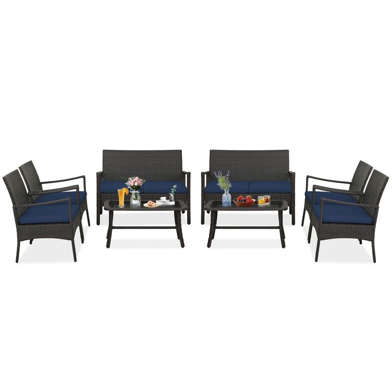 Costway 8PCS Patio Rattan Wicker Furniture Set Cushioned Sofa Armrest Coffee Table Navy