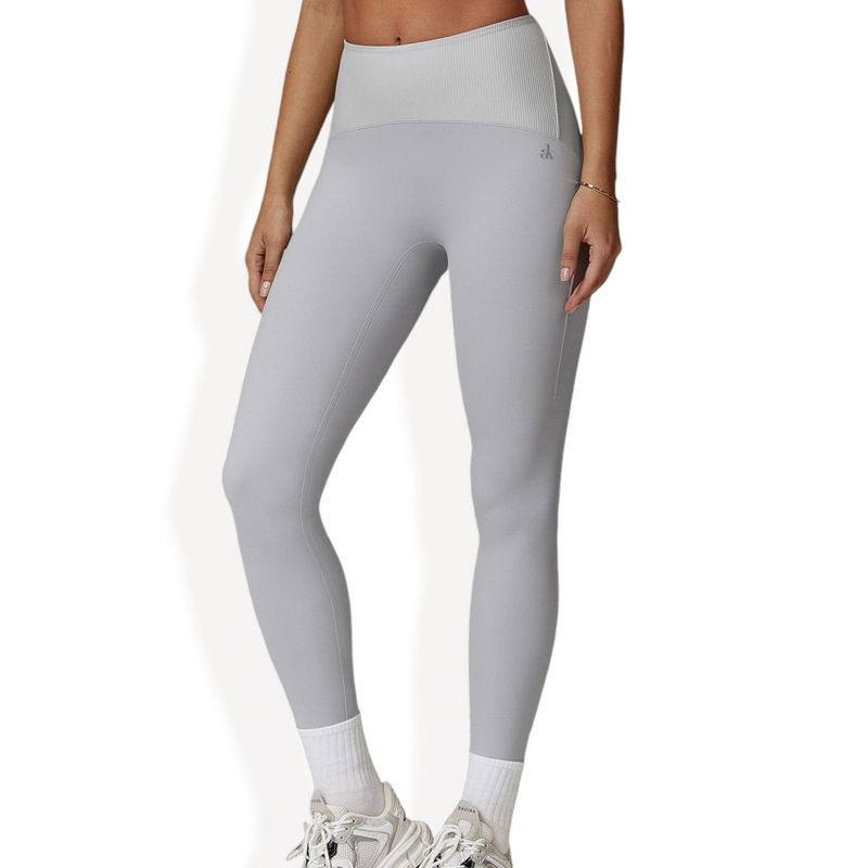 Anna-Kaci Active Women's High Waist Full Length Leggings with Ribbed Waistband- X Large, Light Gray