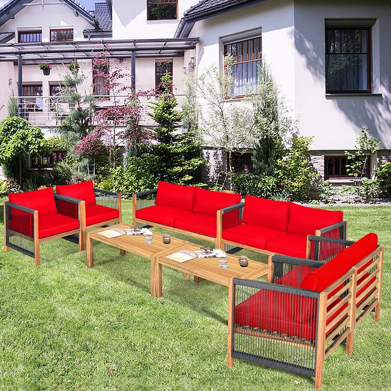 Costway 8 PCS Acacia Wood Patio Conversation Set w/Cushions for Garden Red