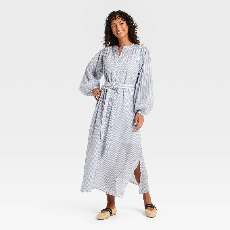 Women's Flounce Long Sleeve Collared Neck Maxi Shirtdress - Universal Thread™ Navy Blue M